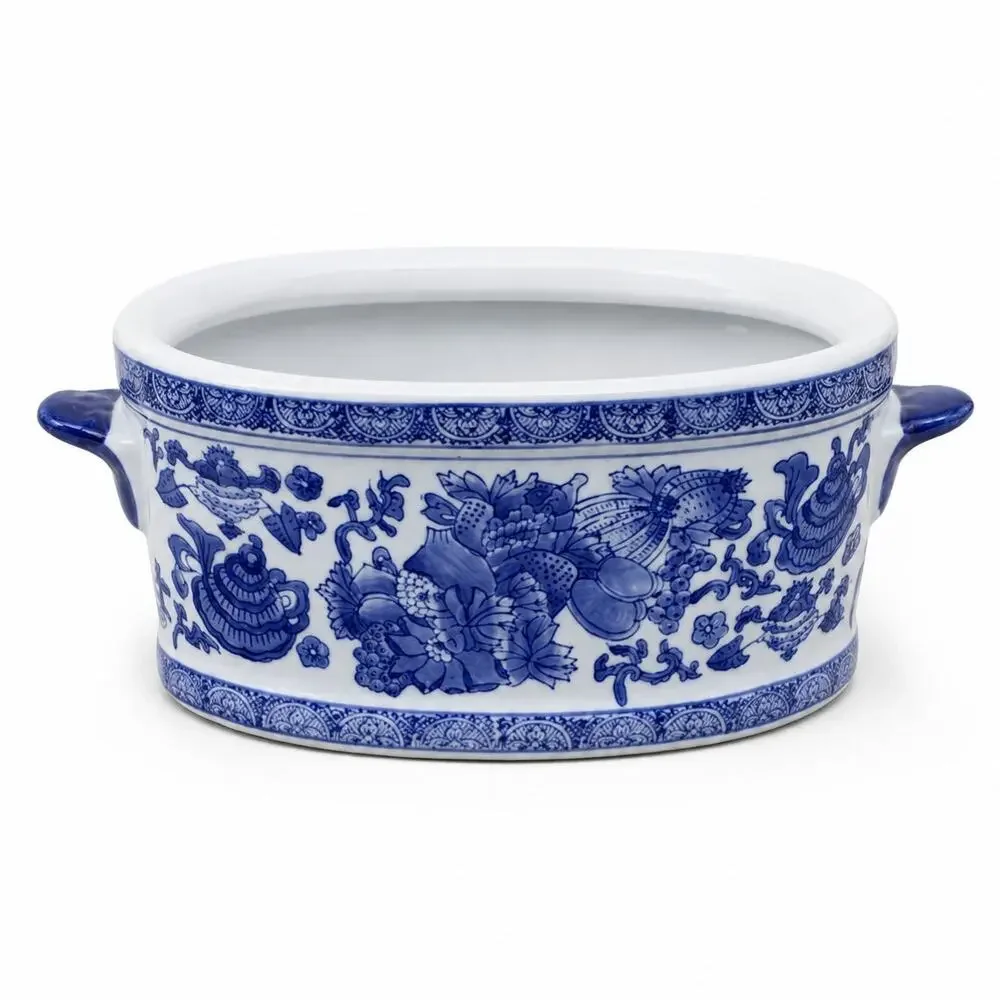 Blue & White Porcelain Chinoiserie Oval Cachepot Planter